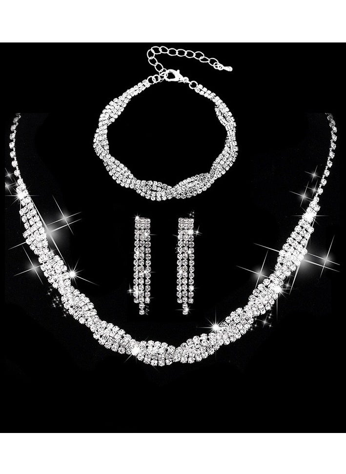Wedding Jewelry Trio Rhinestone Necklace Earrings Bracelet Set for Bride