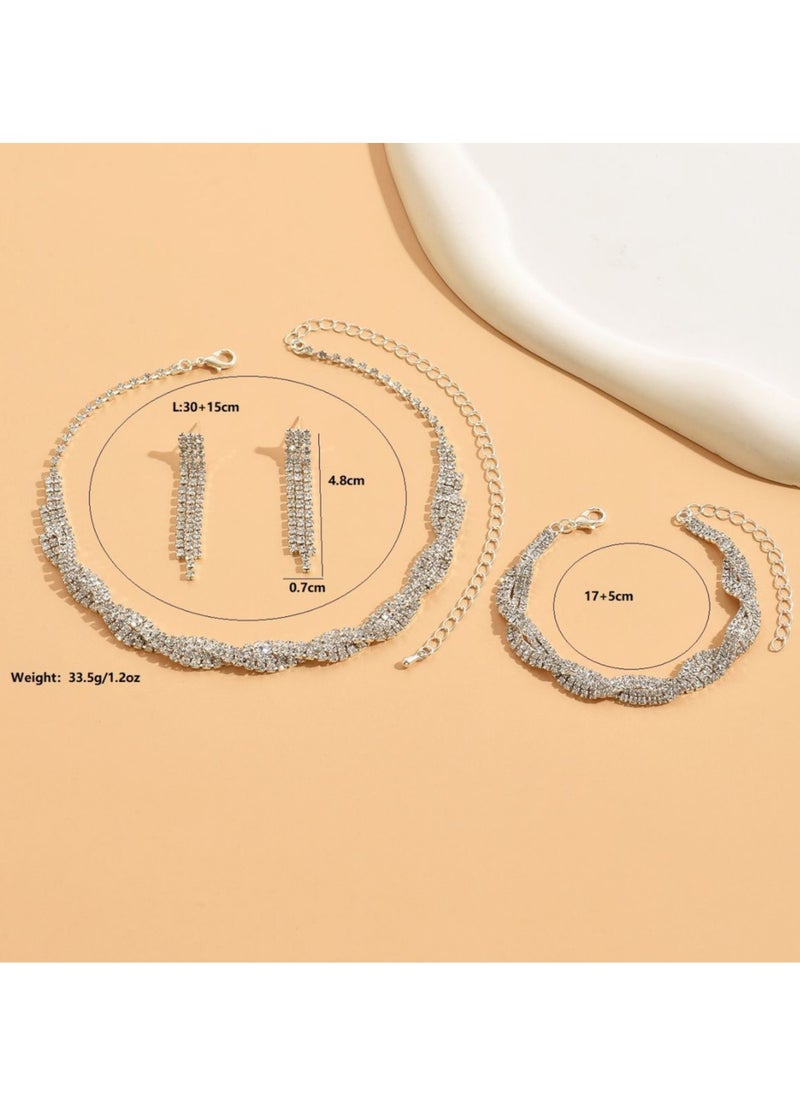 Wedding Jewelry Trio Rhinestone Necklace Earrings Bracelet Set for Bride