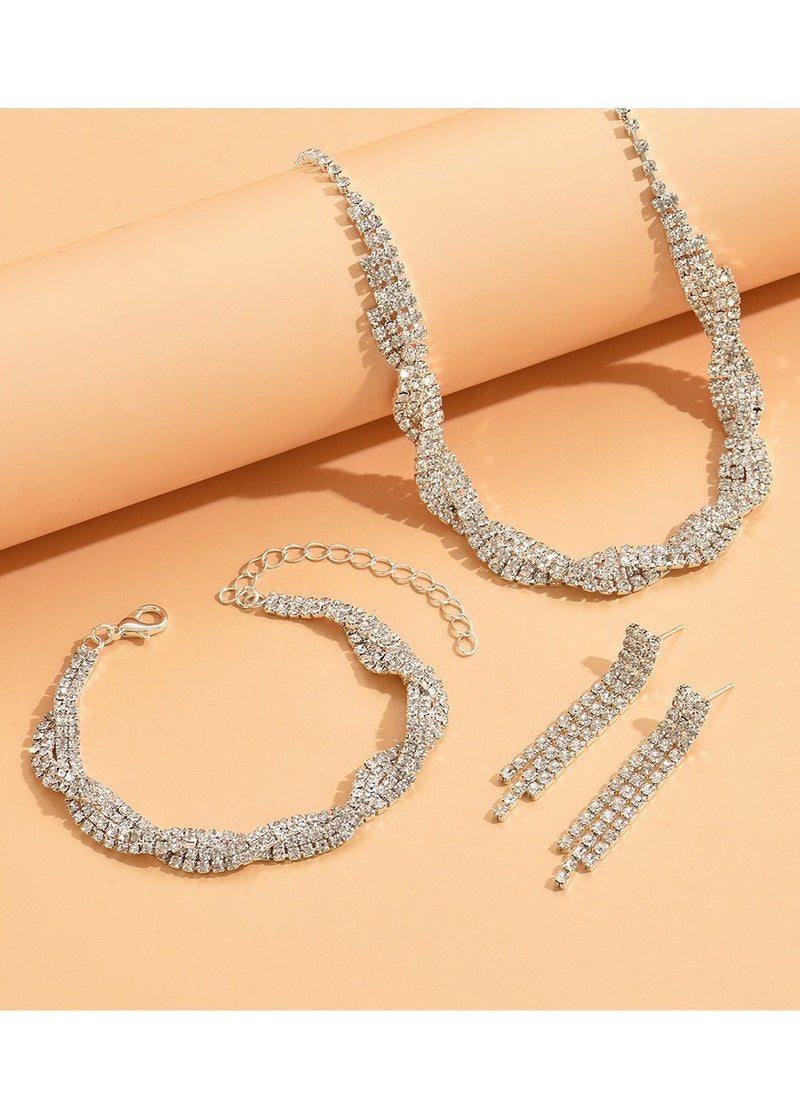 Wedding Jewelry Trio Rhinestone Necklace Earrings Bracelet Set for Bride