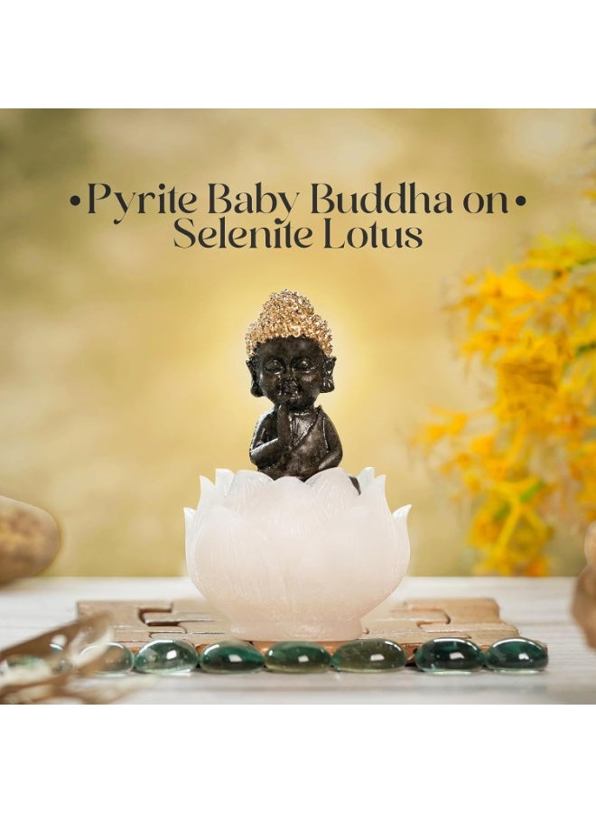 Studd Muffyn | Pyrite Baby Buddha on Selenite Lotus | Pyrite Crystal | Selenite Crystal | - Image 2