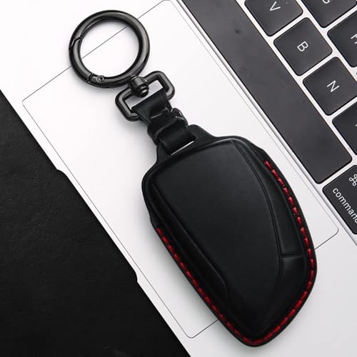Tukellen Genuine Leather Key Fob Cover Smart Key Holder Sleeve Fit for 2021 2022 GMC Yukon Chevy Chevrolet Suburban Tahoe GM Buick-Black(Red line) - Image 5