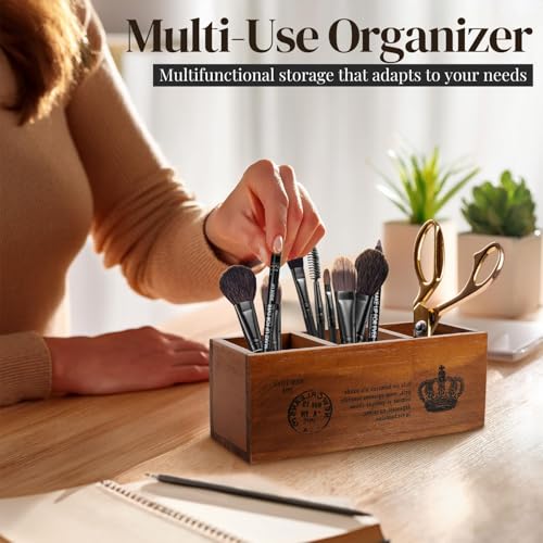 Flexzion Rustic Wooden Pencil Holder for Office - 3 Compartments - Desk and Table Storage Organizer - Multifunctional Remote Control Holder for Home, School and Office - Image 4