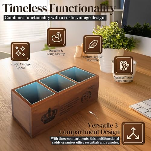 Flexzion Rustic Wooden Pencil Holder for Office - 3 Compartments - Desk and Table Storage Organizer - Multifunctional Remote Control Holder for Home, School and Office - Image 5
