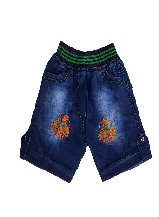 Malvina Self Design Blue Denim Shorts for Baby Boys Colour Blue (line red) 5-6 Year - Image 1