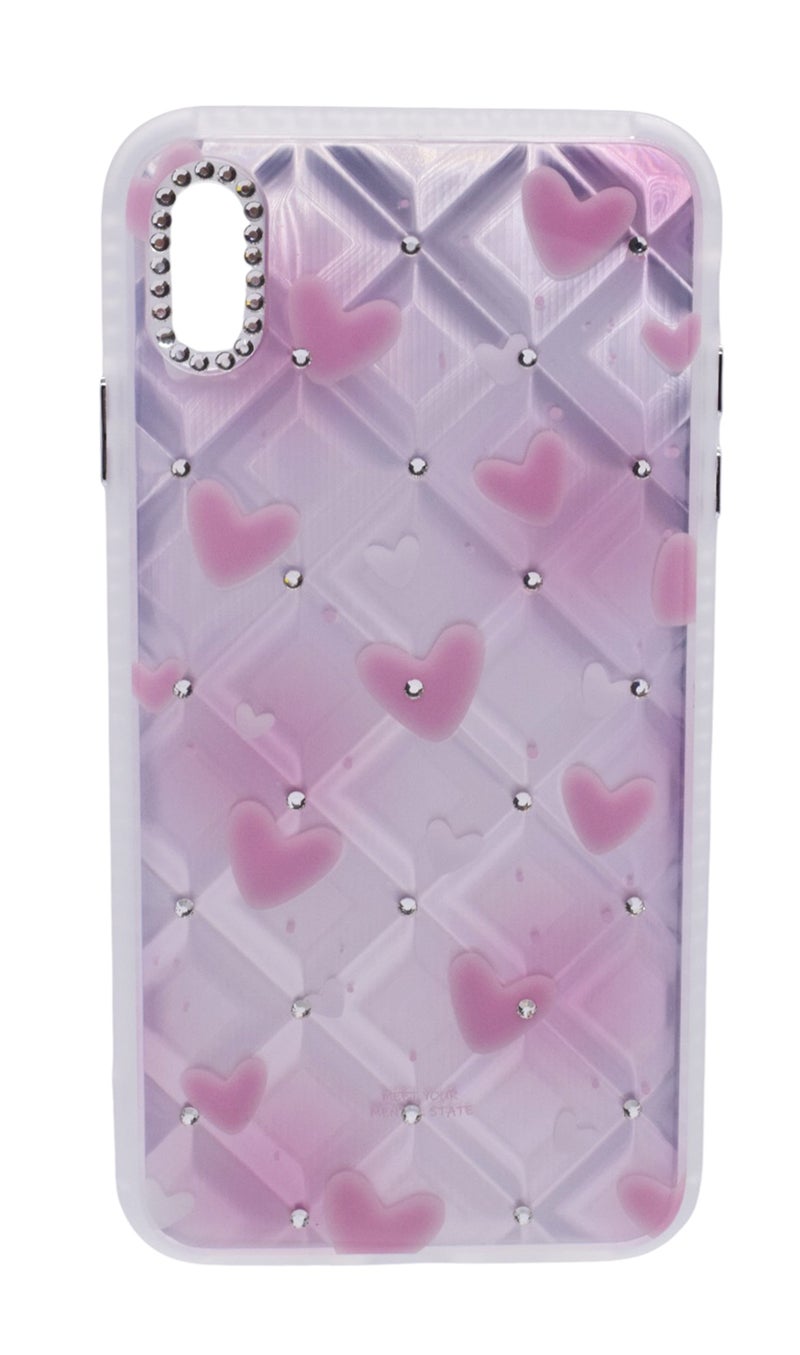 TPU Heart Printed Back Cover Case with Rhinestone Camera Border For iPhone X Max - Pink Transparent
