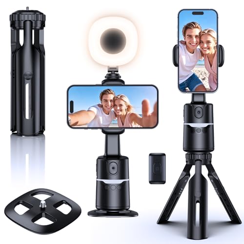 UBeesize Auto Face Tracking Tripod with Adjustable Desk Tripod, 360° Rotating vlogging kit for iPhone with Remote & Gesture Control, Rechargeable Selfie Fill Light, No App Required - Image 1
