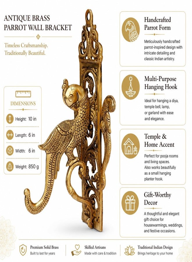 Kartique Brass Parrot Wall Bracket | Decorative Wall Hook for Hanging Lamps, Diyas, Temple Bells,Garlands | Home Decor Piece for Pooja Rooms, Living Spaces in Gold Color Height 10 Inch - Image 2