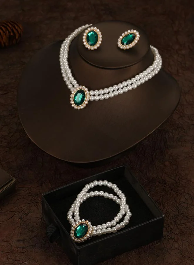 Take Two  3-Piece Round Rhinestone Drop Faux Pearl Embellished Layered Necklace, Bracelet and Earrings Jewelry Set for Women | Best Price UAE