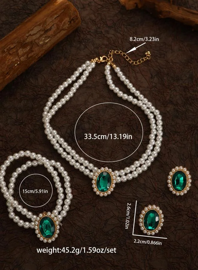 Take Two  3-Piece Round Rhinestone Drop Faux Pearl Embellished Layered Necklace, Bracelet and Earrings Jewelry Set for Women | Best Price UAE