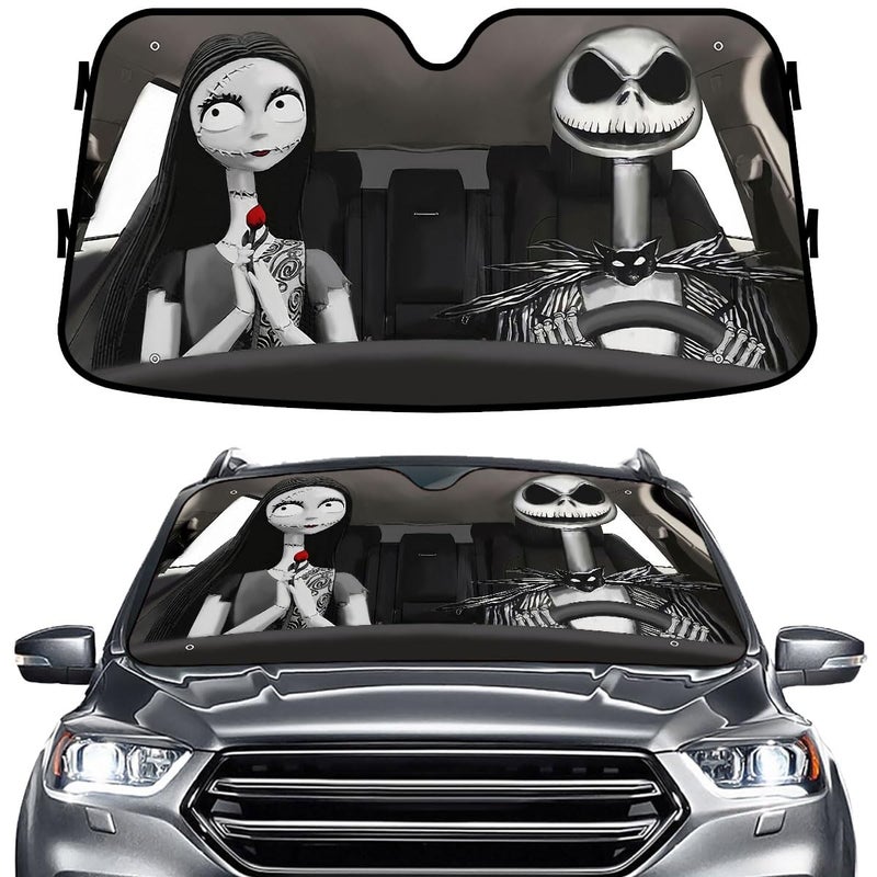 GENANY Nightmare Skellington Couple Horror Windshield Sun Shade for Car SUV Truck 55x30 inches Sun Shade Windshield Protector Blocks UV Auto Gifts Car Decor - Image 2
