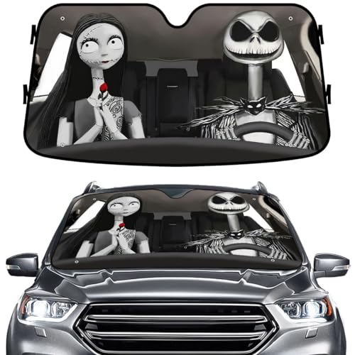 GENANY Nightmare Skellington Couple Horror Windshield Sun Shade for Car SUV Truck 55x30 inches Sun Shade Windshield Protector Blocks UV Auto Gifts Car Decor - Image 1