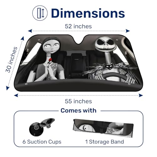 GENANY Nightmare Skellington Couple Horror Windshield Sun Shade for Car SUV Truck 55x30 inches Sun Shade Windshield Protector Blocks UV Auto Gifts Car Decor - Image 3