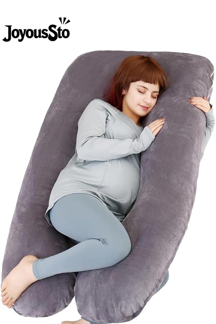 متجر الفرح وسادة الحمل، وسادة كاملة للجسم على شكل حرف U لدعم الأمومة، وسادة نوم مع غطاء للنساء الحوامل، رمادي - Image 1