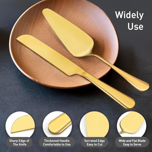 THW® 2pcs Wedding Cake Knife & Server Set, Stainless Steel Cake Cutting Set Wedding Cake Knife and Server Set Cake Cutter Set for Wedding Birthday Celebration (Gold) - Image 3