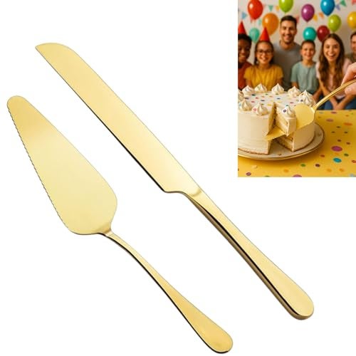 THW® 2pcs Wedding Cake Knife & Server Set, Stainless Steel Cake Cutting Set Wedding Cake Knife and Server Set Cake Cutter Set for Wedding Birthday Celebration (Gold) - Image 1
