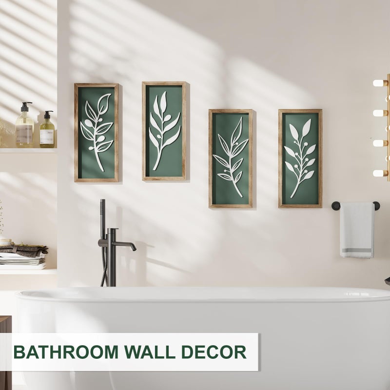 LETUBUYU 3D Tree Leaf Sage Green Boho Wall Art Lightweight (Set of 4), Minimalist Botanical Farmhouse Wooden Framed Bathroom Wall Decor For Living Room Bedroom Kitchen Office Hallway Decorations - Image 5