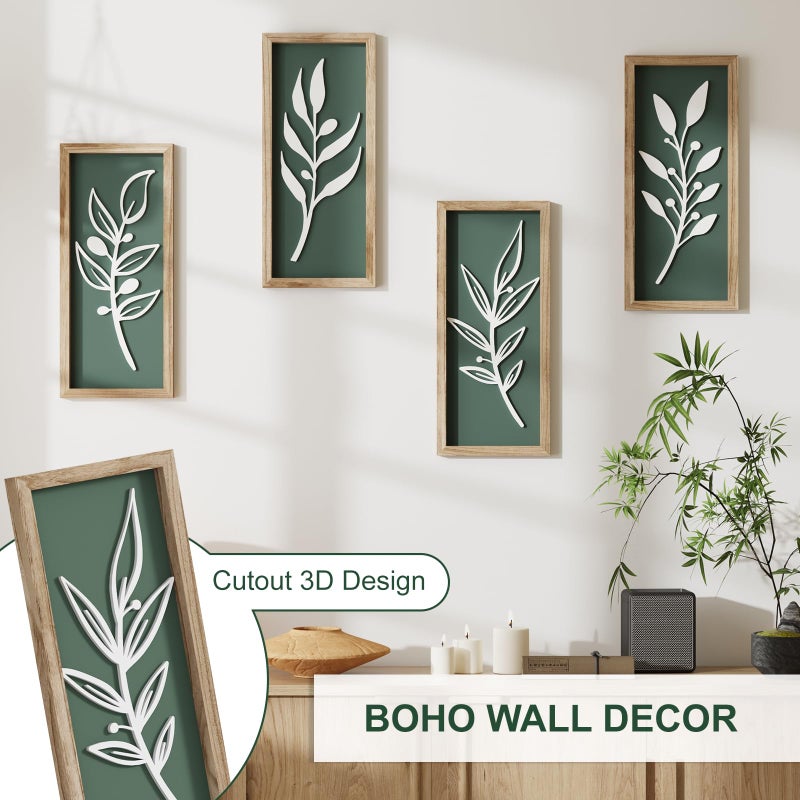 LETUBUYU 3D Tree Leaf Sage Green Boho Wall Art Lightweight (Set of 4), Minimalist Botanical Farmhouse Wooden Framed Bathroom Wall Decor For Living Room Bedroom Kitchen Office Hallway Decorations - Image 3