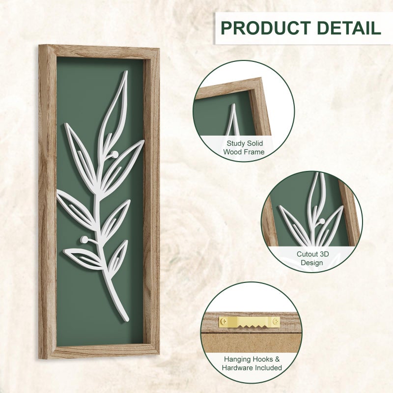 LETUBUYU 3D Tree Leaf Sage Green Boho Wall Art Lightweight (Set of 4), Minimalist Botanical Farmhouse Wooden Framed Bathroom Wall Decor For Living Room Bedroom Kitchen Office Hallway Decorations - Image 4