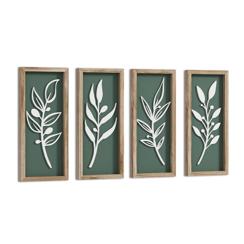 LETUBUYU 3D Tree Leaf Sage Green Boho Wall Art Lightweight (Set of 4), Minimalist Botanical Farmhouse Wooden Framed Bathroom Wall Decor For Living Room Bedroom Kitchen Office Hallway Decorations - Image 1