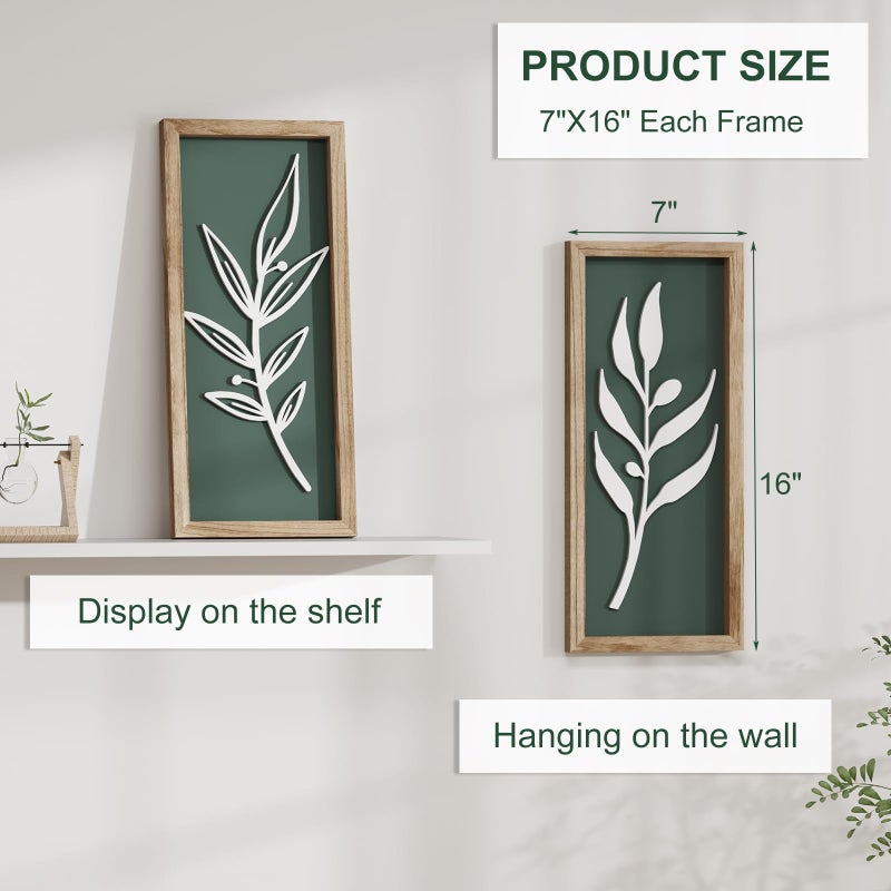LETUBUYU 3D Tree Leaf Sage Green Boho Wall Art Lightweight (Set of 4), Minimalist Botanical Farmhouse Wooden Framed Bathroom Wall Decor For Living Room Bedroom Kitchen Office Hallway Decorations - Image 2