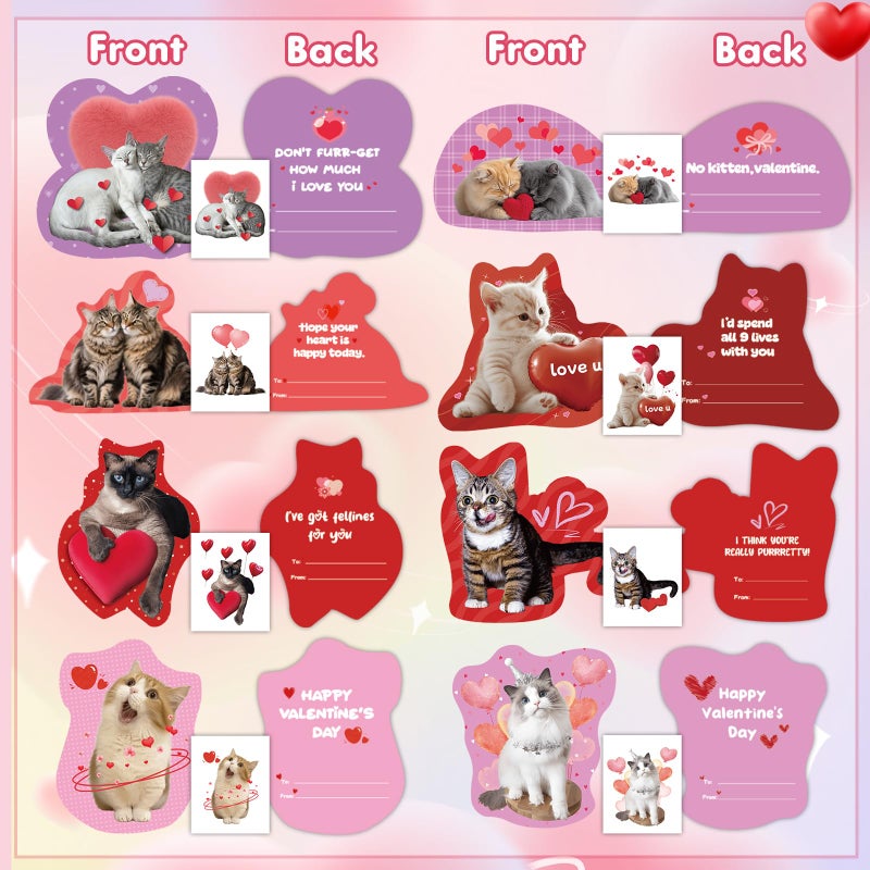 Mczan 32 Pack Valentines Card for Kids Classroom, Pet Cats Valentines Cards with Tattoos Envelopes, Happy Valentine Cards for Kids School, Party Exchange Favors Gifts for Boys Girls - Image 2
