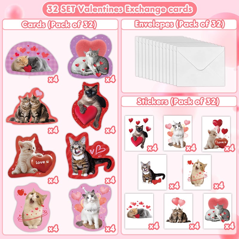 Mczan 32 Pack Valentines Card for Kids Classroom, Pet Cats Valentines Cards with Tattoos Envelopes, Happy Valentine Cards for Kids School, Party Exchange Favors Gifts for Boys Girls - Image 3