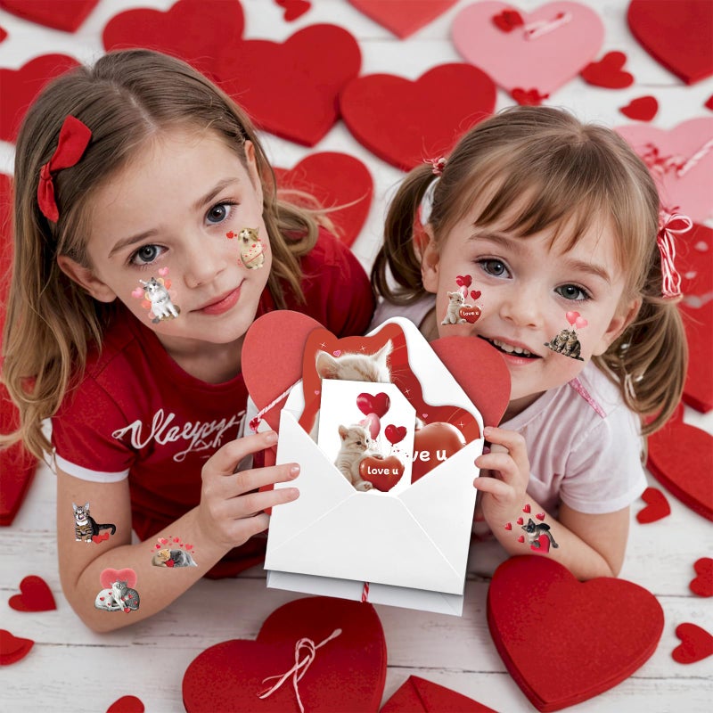 Mczan 32 Pack Valentines Card for Kids Classroom, Pet Cats Valentines Cards with Tattoos Envelopes, Happy Valentine Cards for Kids School, Party Exchange Favors Gifts for Boys Girls - Image 4