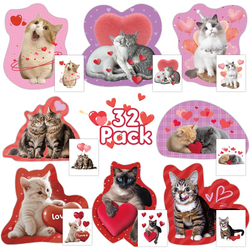 Mczan 32 Pack Valentines Card for Kids Classroom, Pet Cats Valentines Cards with Tattoos Envelopes, Happy Valentine Cards for Kids School, Party Exchange Favors Gifts for Boys Girls - Image 1