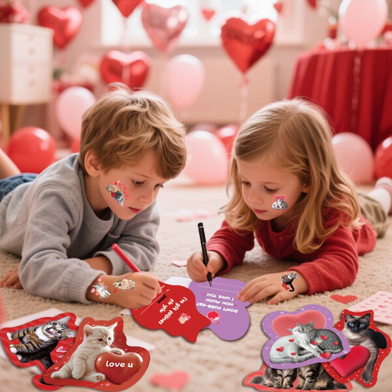 Mczan 32 Pack Valentines Card for Kids Classroom, Pet Cats Valentines Cards with Tattoos Envelopes, Happy Valentine Cards for Kids School, Party Exchange Favors Gifts for Boys Girls - Image 5
