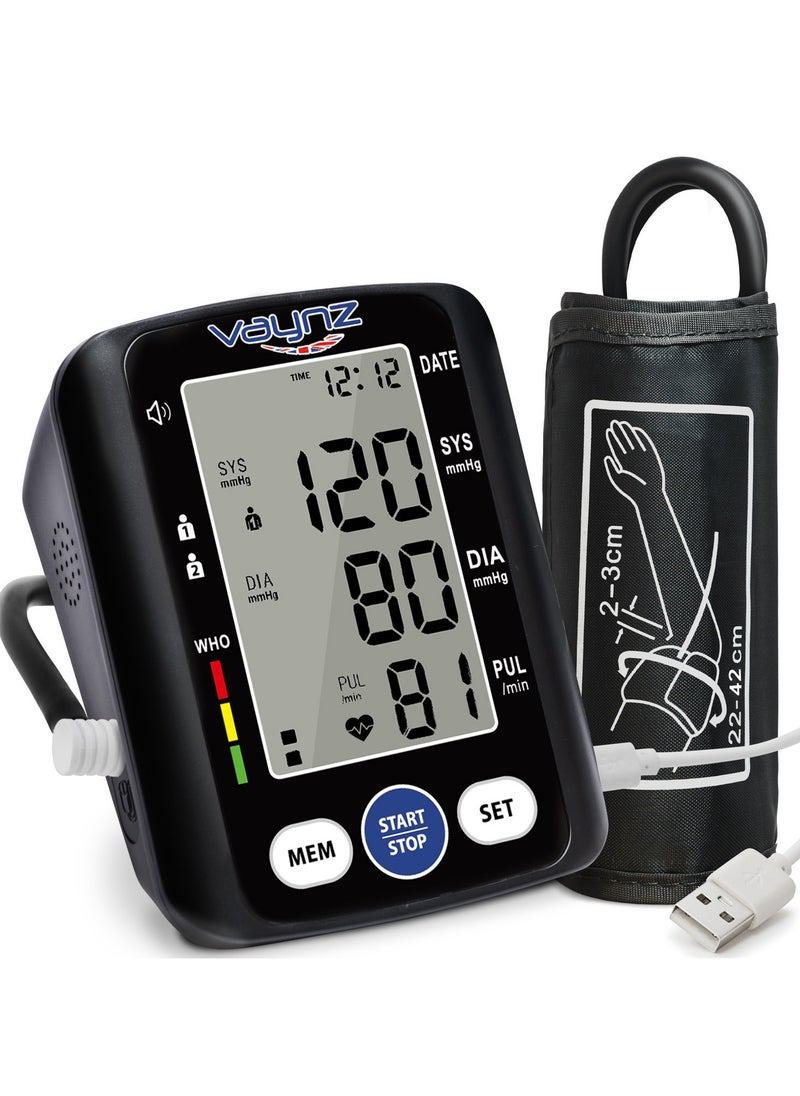 vaynz VAYNZ Pressure Monitor CE Approved – Smart Voice Upper Arm Automatic Device for Home Use, Large Cuff 22-42cm, 2x99 Memory – Black  - Image 1