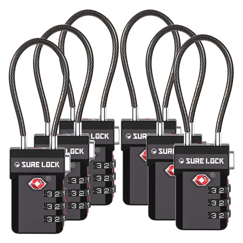 SURE LOCK أقفال الأمتعة المعتمدة من TSA من SURE LOCK، تنبيه الفتح، أقراص قراءة سهلة، أقفال أمتعة السفر للحقائب، أقفال الأمتعة (بلاك 6 عبوة) - Image 1