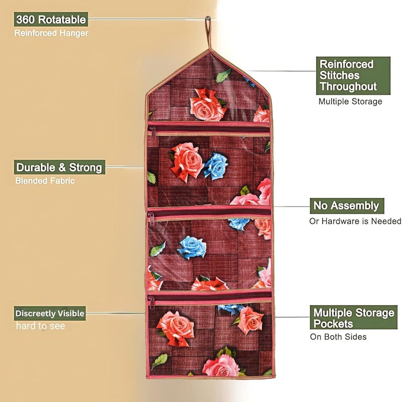 Kuber Industries Kuber Industries Wall Hanging Closet Organizer for Wardrobe with 3 Pockets Zip Letter Holder Socks Tie Storage Pouches Gulab Print Maroon  - Image 5