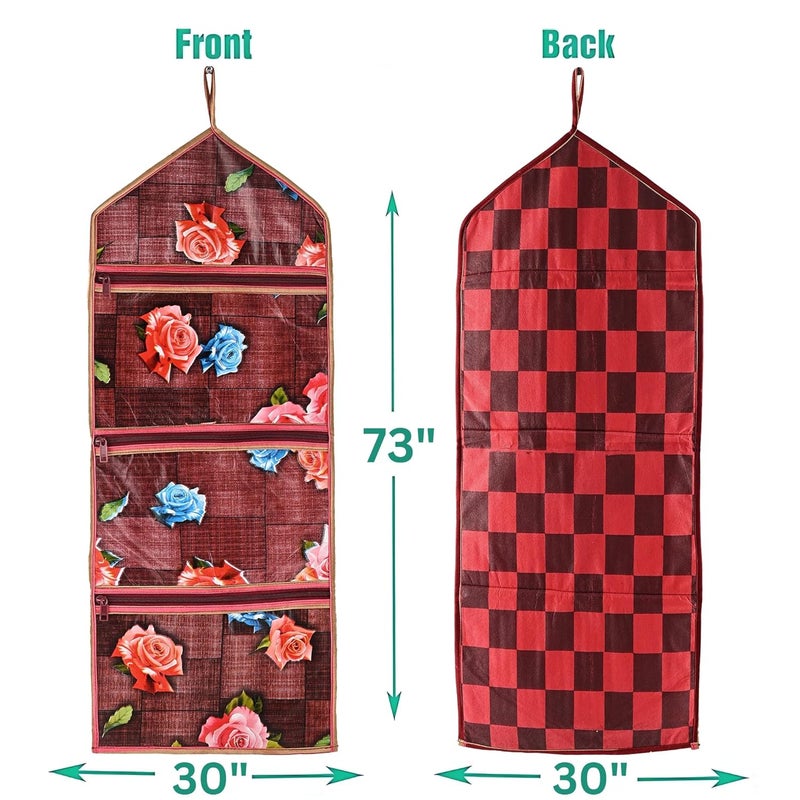 Kuber Industries Kuber Industries Wall Hanging Closet Organizer for Wardrobe with 3 Pockets Zip Letter Holder Socks Tie Storage Pouches Gulab Print Maroon  - Image 3