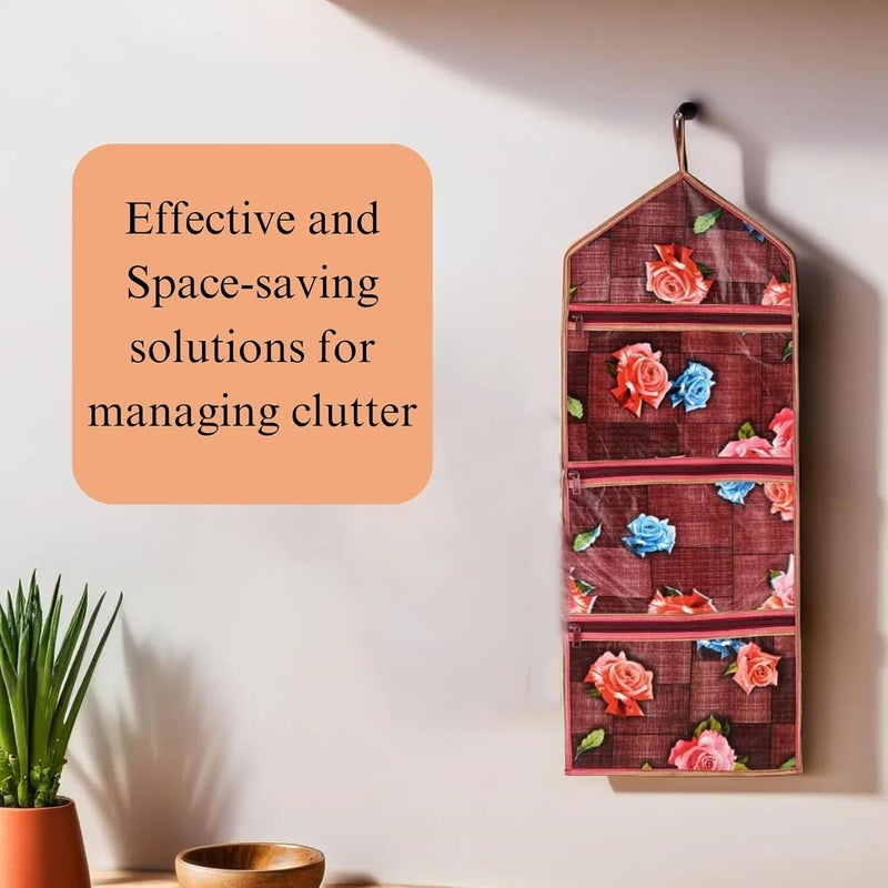 Kuber Industries Kuber Industries Wall Hanging Closet Organizer for Wardrobe with 3 Pockets Zip Letter Holder Socks Tie Storage Pouches Gulab Print Maroon  - Image 4