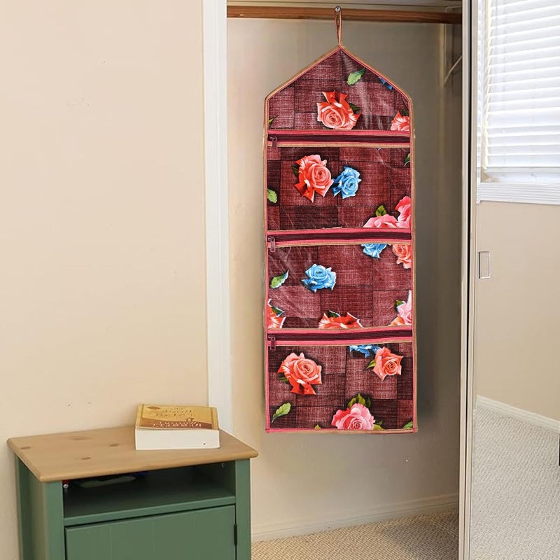 Kuber Industries Kuber Industries Wall Hanging Closet Organizer for Wardrobe with 3 Pockets Zip Letter Holder Socks Tie Storage Pouches Gulab Print Maroon  - Image 2