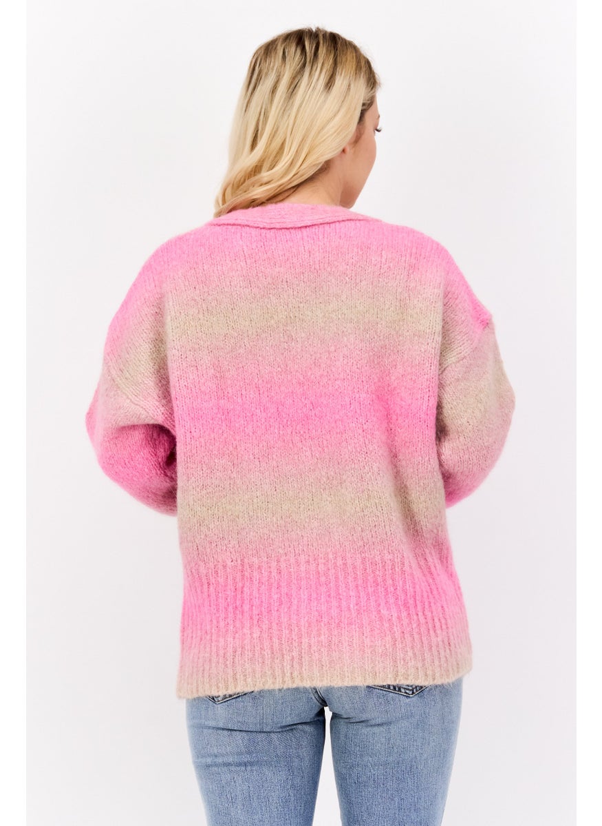 HUGO BOSS Women V Neck Ombre Pattern Sweaters, Pink  - Image 3