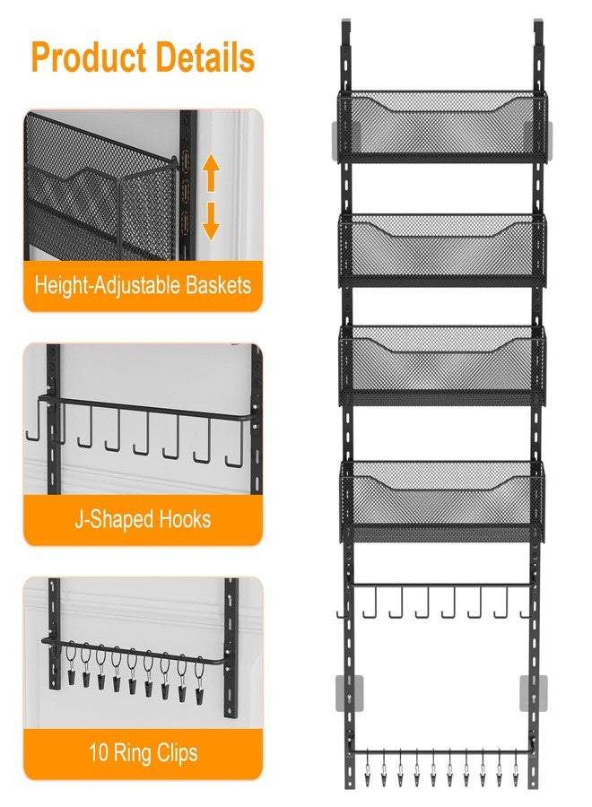 NEYCIL Over the Door Organizer, 2 in 1 Metal Hanging Closet Organizer & Hat Rack with 4 Adjustable Baskets, 8 Hooks, 10 Clips, Behind The Door Storage for Bedroom, Bathroom, Entrance, Closet, Kitchen, Black - Image 4