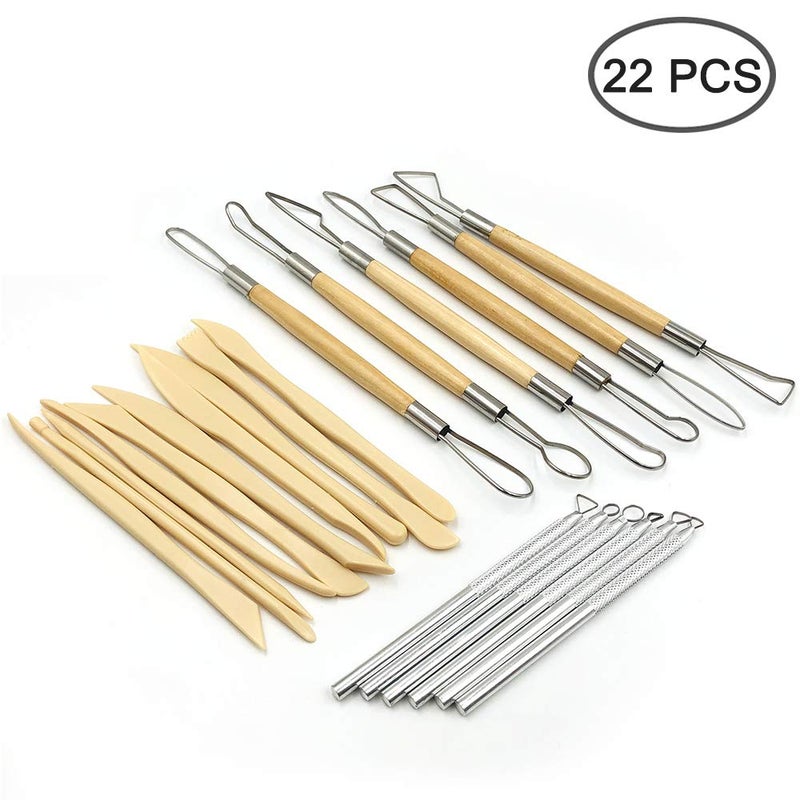 AIFUDA Pottery Clay Sculpting Tools 22Pcs Wooden Handle Pottery Carving Tools Metal Scraper Plastic Clay Shaping Tools for Pottery Sculpture Ceramic Clay Indentation Trimming Cutting - Image 2