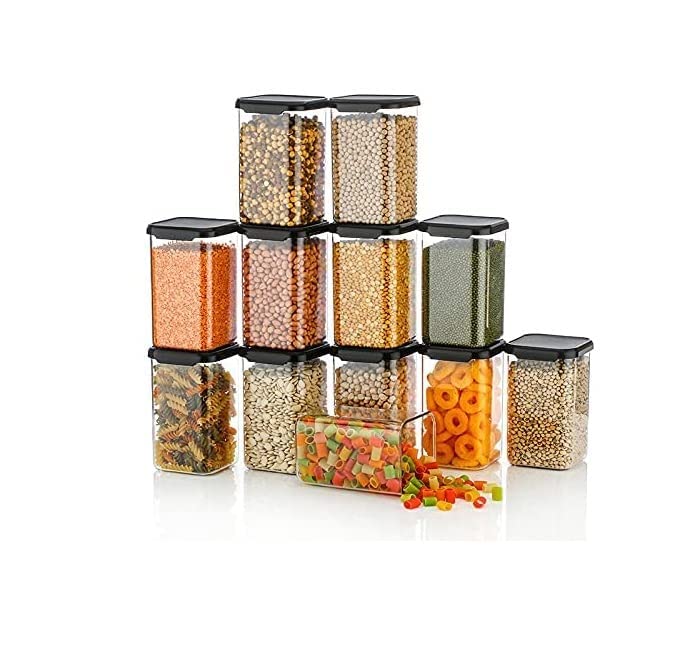 Kitchenwell 1100 ML Easy Flow Cereal Dispenser Storage Jar Idle for Kitchen Storage Box Lid Food Rice Pasta Pulses Container Square Containers for Kitchen Black 1100 ML Pack of 12 - Image 1