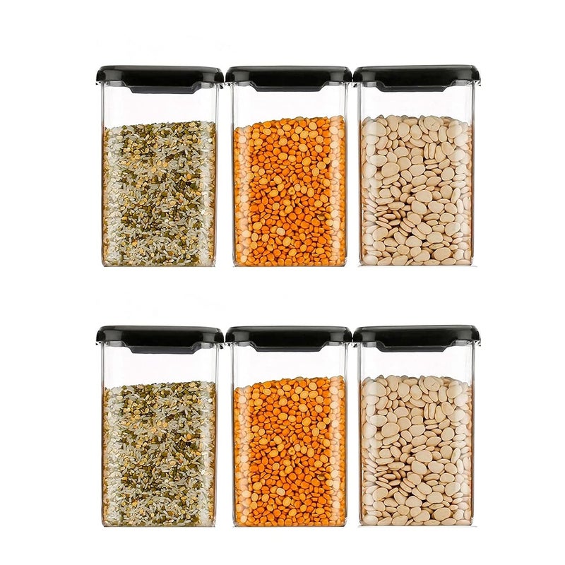 Kitchenwell 1100 ML Easy Flow Cereal Dispenser Storage Jar Idle for Kitchen Storage Box Lid Food Rice Pasta Pulses Container Square Containers for Kitchen Black 1100 ML Pack of 12 - Image 4