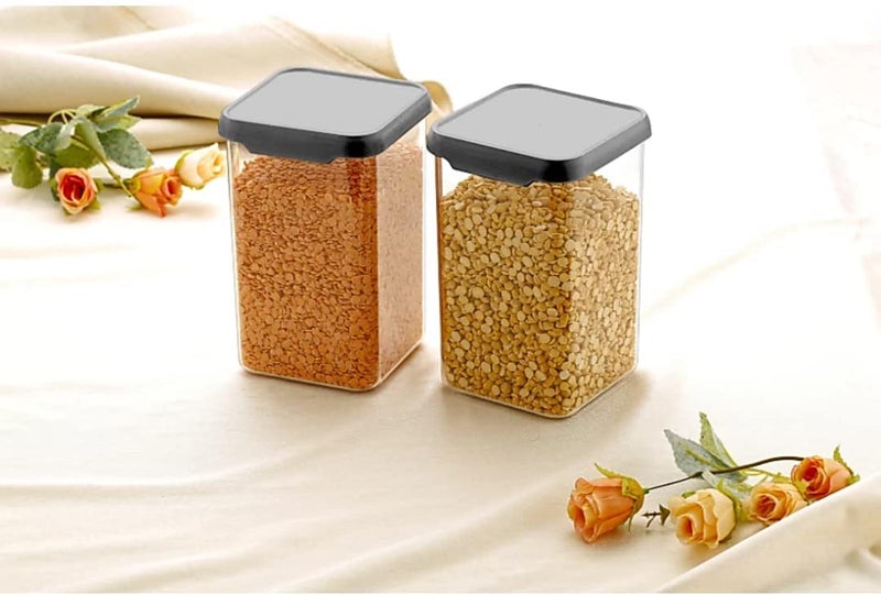 Kitchenwell 1100 ML Easy Flow Cereal Dispenser Storage Jar Idle for Kitchen Storage Box Lid Food Rice Pasta Pulses Container Square Containers for Kitchen Black 1100 ML Pack of 12 - Image 3
