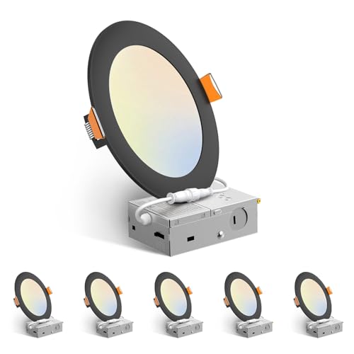 Amico 6 Pack 6 Inch 5CCT Ultra-Thin LED Recessed Ceiling Light with Junction Box, 2700K/3000K/3500K/4000K/5000K Selectable, 12W Eqv 110W, Dimmable Canless Downlight, 1050LM High Brightness,Black - Image 1