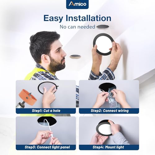 Amico 6 Pack 6 Inch 5CCT Ultra-Thin LED Recessed Ceiling Light with Junction Box, 2700K/3000K/3500K/4000K/5000K Selectable, 12W Eqv 110W, Dimmable Canless Downlight, 1050LM High Brightness,Black - Image 3