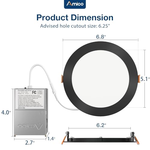 Amico 6 Pack 6 Inch 5CCT Ultra-Thin LED Recessed Ceiling Light with Junction Box, 2700K/3000K/3500K/4000K/5000K Selectable, 12W Eqv 110W, Dimmable Canless Downlight, 1050LM High Brightness,Black - Image 4