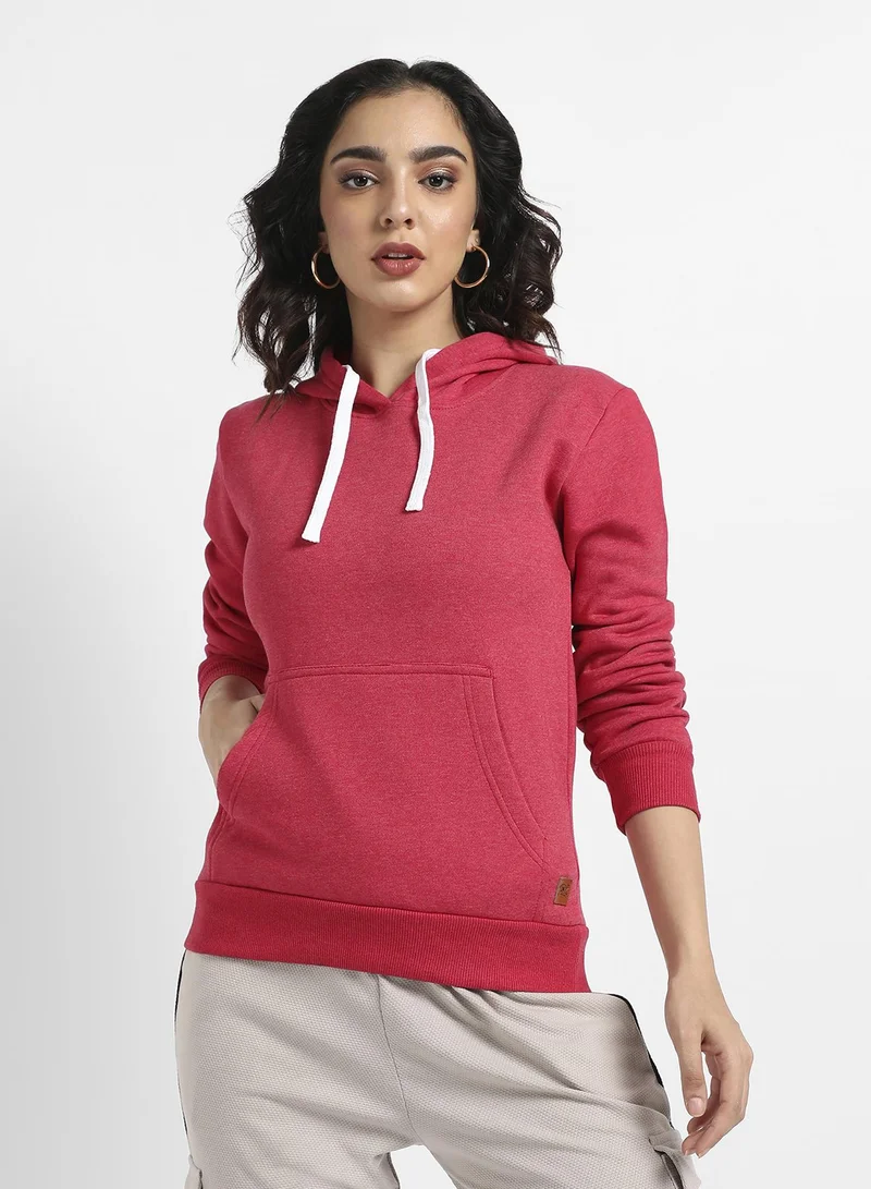 Campus Sutra Women's Red Pullover Hoodie With Kangaroo Pockets