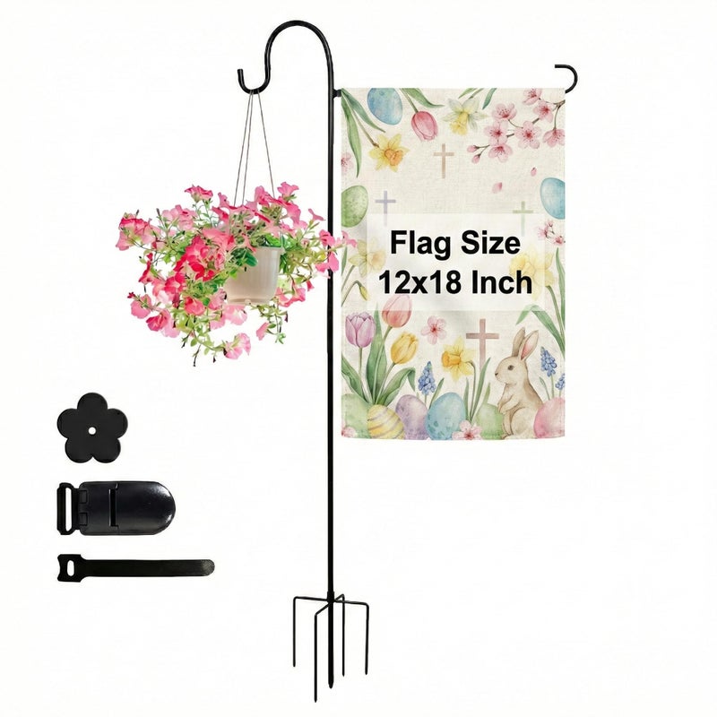 ESTTOP Heavy-Duty Garden Flag Stand with Shepherd's Hook Holder â€“ Sturdy Metal Frame for 12x18 Inch Flags & String Lights, Weather-Resistant Outdoor Lawn, Patio, Yard Decorations - Image 1