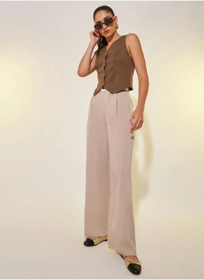 ستايلي Solid Contrast Waistband Wide Leg Pants