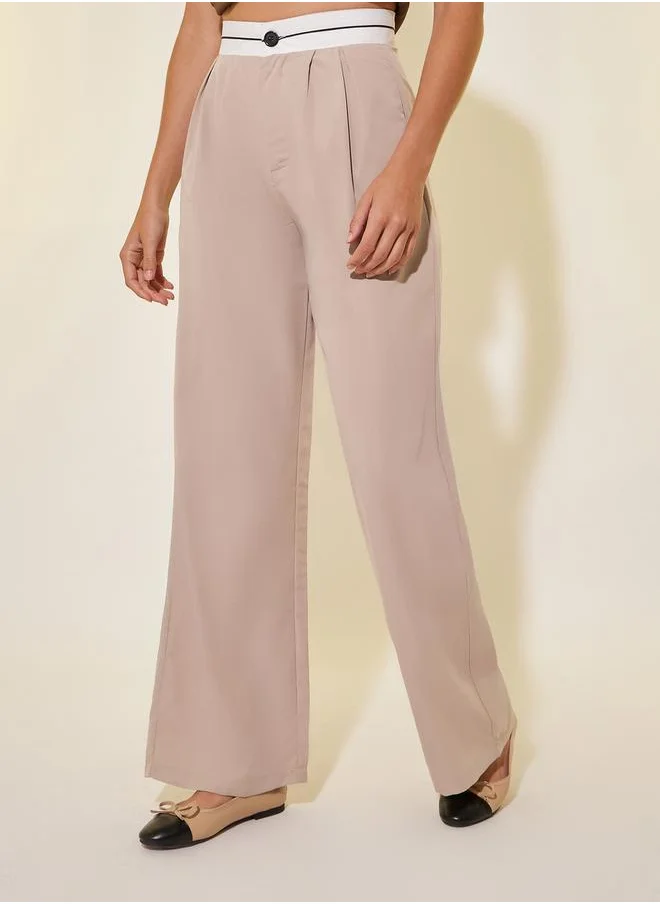 ستايلي Solid Contrast Waistband Wide Leg Pants