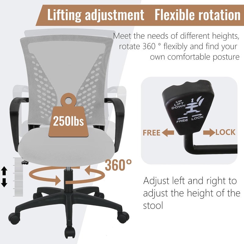 FDW Home Office Chair Mid Back PC Swivel Lumbar Support Adjustable Desk Task Computer Ergonomic Comfortable Mesh Chair with Armrest (Grey) - Image 5