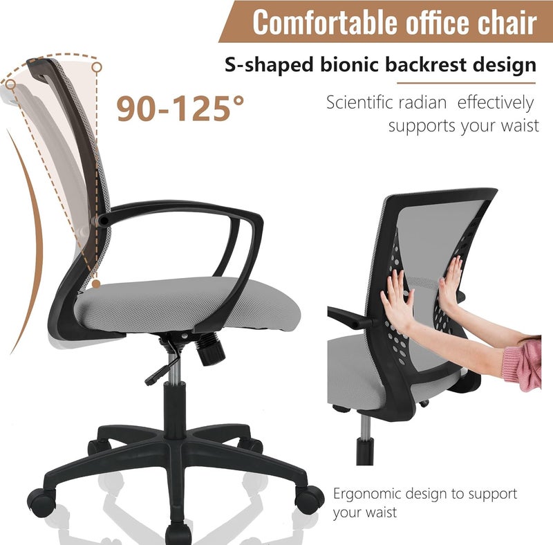 FDW Home Office Chair Mid Back PC Swivel Lumbar Support Adjustable Desk Task Computer Ergonomic Comfortable Mesh Chair with Armrest (Grey) - Image 4